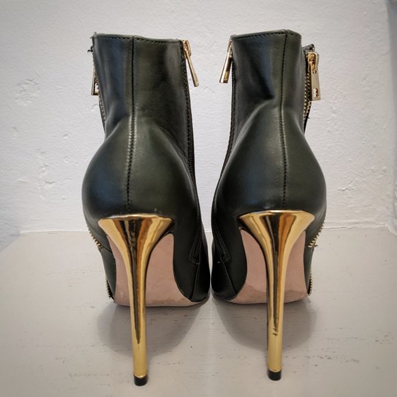 CATHERINE MALANDRINO Gold Stiletto Heel Zipper Detail Olive Green Ankle Boot Sz8 - Picture 11 of 12